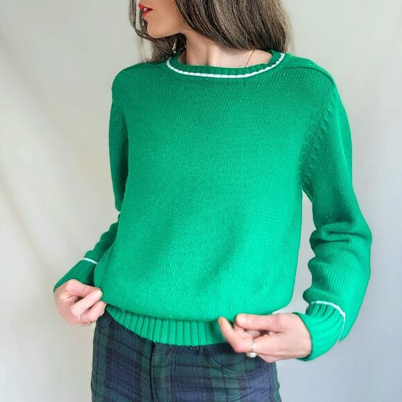 Vintage 1960s 70s Kelly Green Acrylic Knit Crewneck Sweater, Women's Medium - Picture 1 of 8